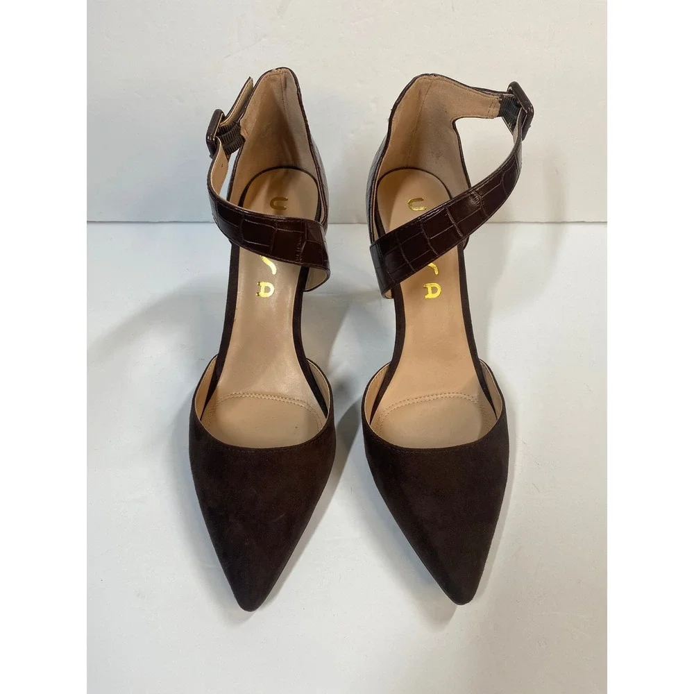 Unisa Pumps Womens 9M Brown Croc Suede Stiletto Ankle Strap Heels Office Chic